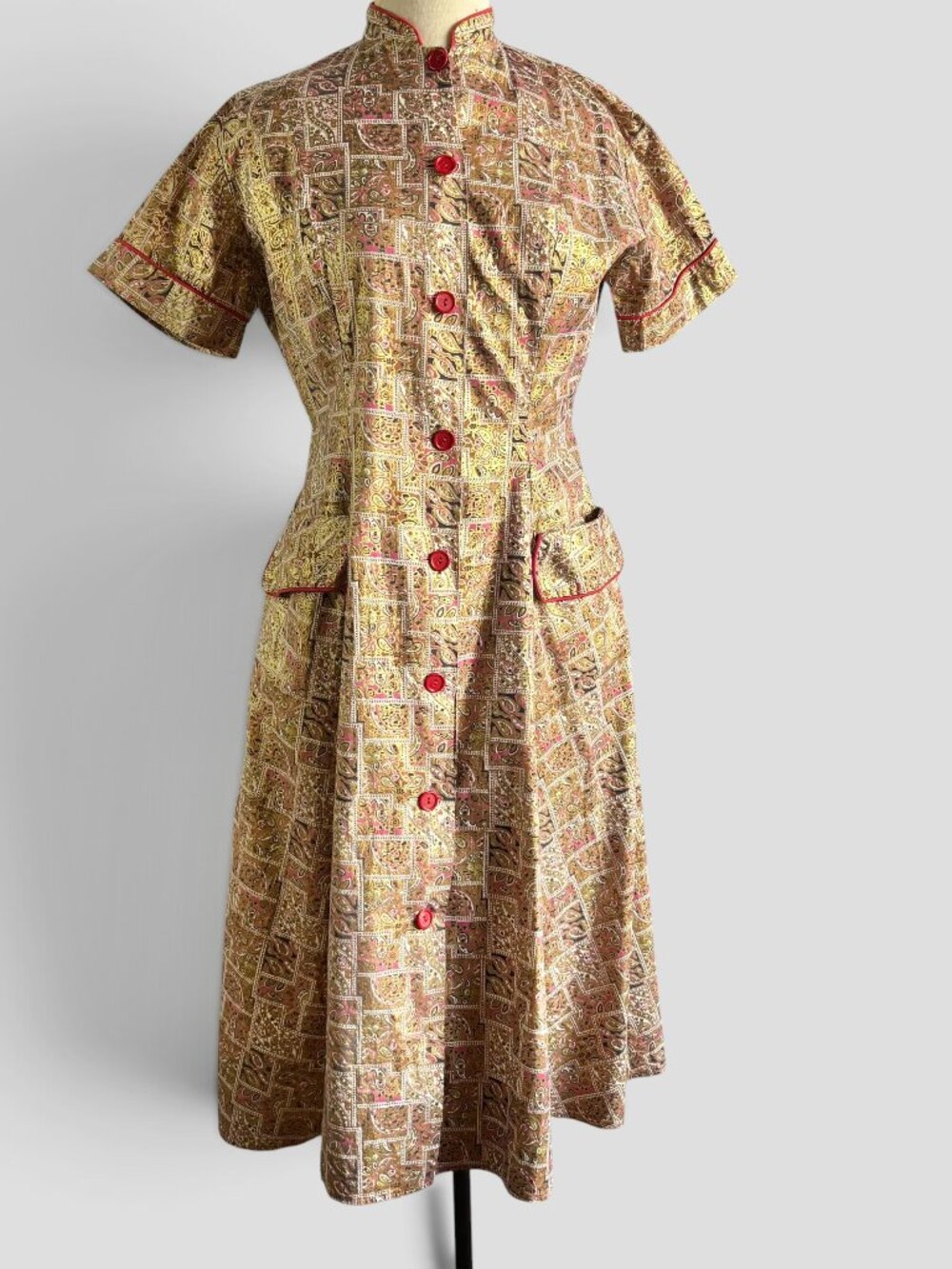 Vintage 1950s Paisley Polished Cotton Fit & Flare House Dress with Pockets